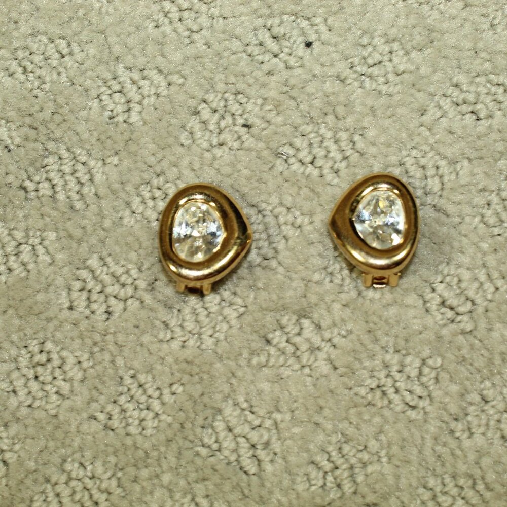 Christian Dior Gold Tone Big Rhinestone Crystal Clip On Earrings